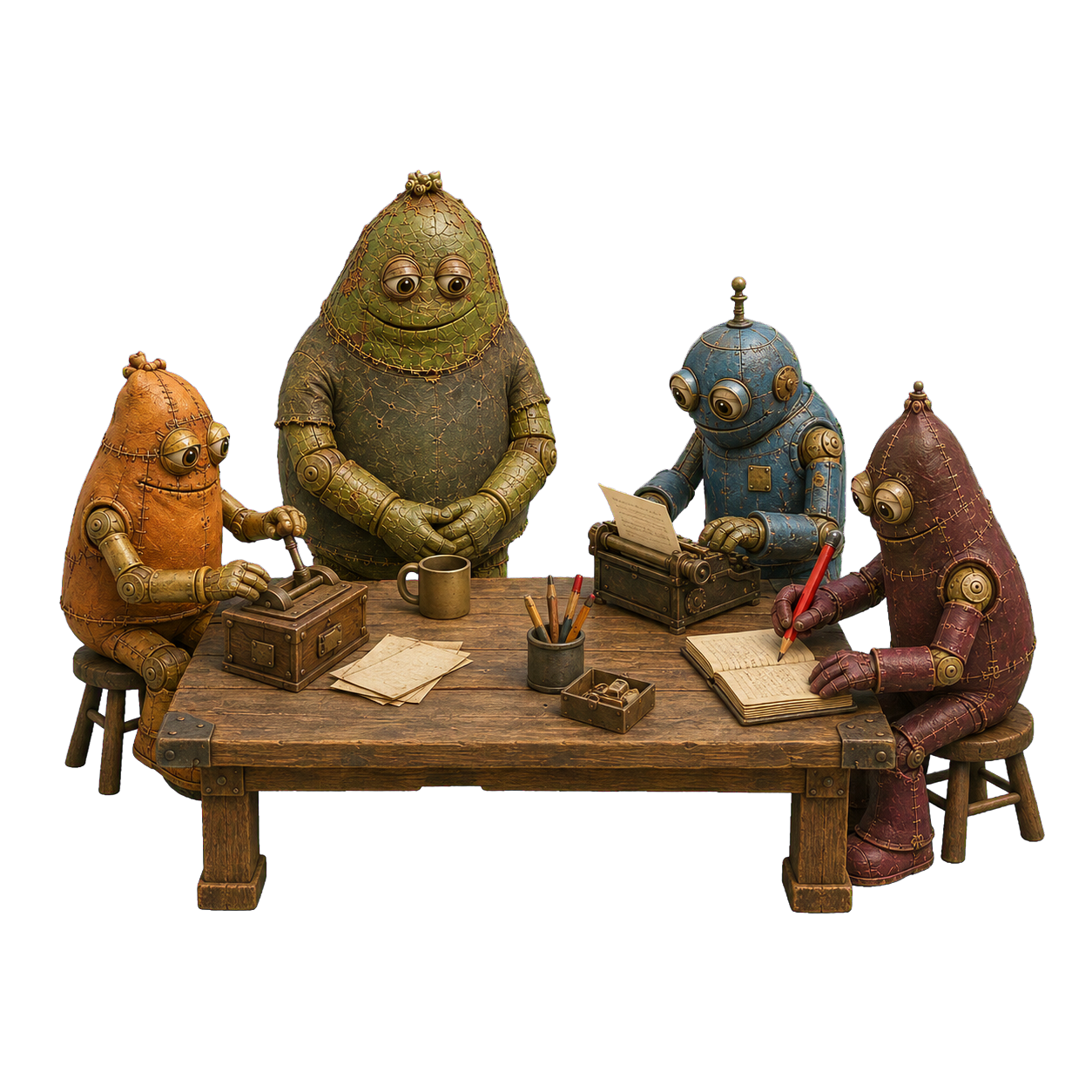 The supporting crew: Admin, Tech and Editor around the table with the calm hero.
